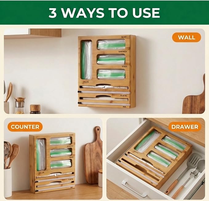 Bag Storage Organizer for Kitchen Drawer and Plastic Wrap Dispenser with Cutter, 6 In 1 Large Capacity Bamboo Foil and Plastic Bag Food Baggie Organizer for Snack, Sandwich, Gallon, Quart - Image 4