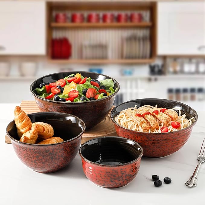 HASENSE Mixing Bowls, 2.1/1.5/1.0/0.5 Qt, Nesting Bowls for Cooking, Baking, Ceramic Serving Dishes Set of 4 for Salad, Fruits, Popcorn, Thanksgiving Christmas Gift, Dishwasher & Microwave Safe, Red - Image 2