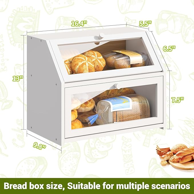 BMOSU Farmhouse Bread Box for Kitchen Countertop Bread box Double Layer Bamboo Wooden Extra Large Capacity Bin Kitchen Food Storage Container(White) - Image 7