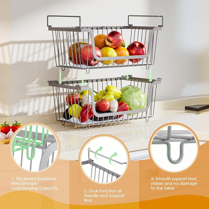 4 Pcs Stackable Wire Baskets for Pantry Organizers and Storage, Gray | Metal Baskets with Handles,Produce Potato Onion Storage Bin,Vegetable Fruit Basket for Countertop, Kitchen Storage - Image 4