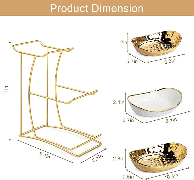 Fruit Bowl for Kitchen Counter with Metal Stand, 3 Tier Fruit Basket for Counter, White Gold Ceramic Fruit Bowl, Detachable Rack for Fruit Vegetable Snack Dessert Storage (Gold) - Image 2