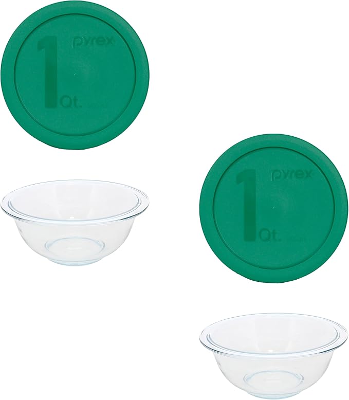 Pyrex 322 1qt Glass Mixing Bowl with Green Lid (2-Pack) - Made in USA | Tempered Glass Build | Nonporous Surface | BPA-Free Covers | Microwave Compatible | Freezer Safe | Nesting Storage Design by Pyrex