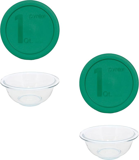 Pyrex 322 1qt Glass Mixing Bowl with Green Lid (2-Pack) - Made in USA | Tempered Glass Build | Nonporous Surface | BPA-Free Covers | Microwave Compatible | Freezer Safe | Nesting Storage Design by Pyrex
