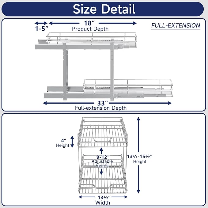 2-Tier Pull Out Cabinet Organizer, 13.5" W x 18" D, Heavy Duty Dual Slide Out Shelves for Base Cabinets, Chrome Wire Basket Drawer for Pantry, Kitchen & Bathroom Storage - Image 2