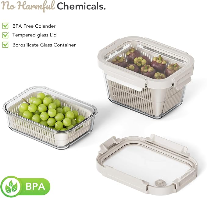 Glass Fruit Storage Containers for Fridge, 2 Pack Produce Containers with Removable Colanders & Vent Glass Lids, Airtight Fruit & Vegetable Storage, BPA Free Borosilicate Glass - Image 6