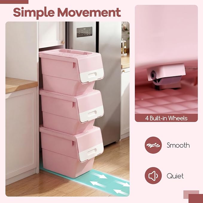 GIANTEX 3 Pack Plastic Stackable Storage Bins with Lids & Wheels, 35 QT | Open Front Stacking Bins, Organizer Bins for Pantry, Kitchen, Laundry, Closet, Playroom, Bedroom Organization - Image 6
