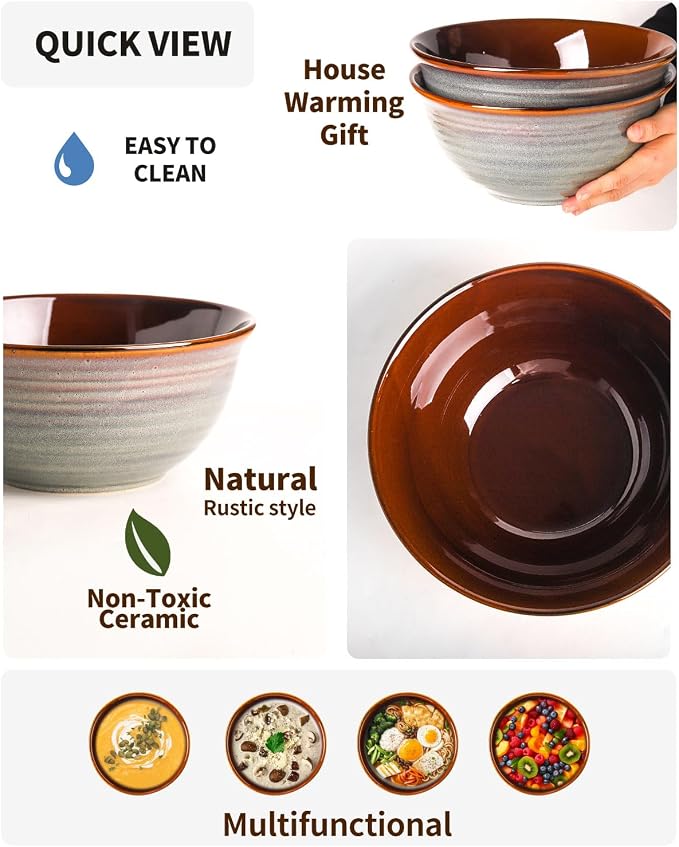 Hasense Serving Bowls, 84 Ounce Ceramic Serving Dishes for Salad Pasta Soup Pho, 9 Inch Mixing Bowls for Baking, Cooking, Kitchen, Party，Dinner, Microwave Dishwasher Safe, Set of 2, Light Grey - Image 4