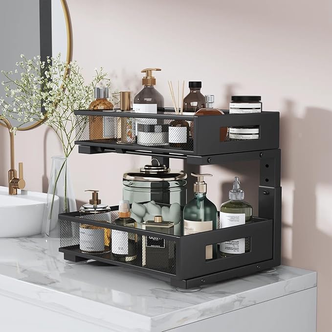 Under Sink Organizer, 2-Tier Dual Pull Out Cabinet Organizer Drawers With Smooth Circular Rail, Large Capacity Metal Mesh Sliding Shelves For Bathroom& Kitchen Storage,Height Adjustable–Black,2 Packs - Image 6