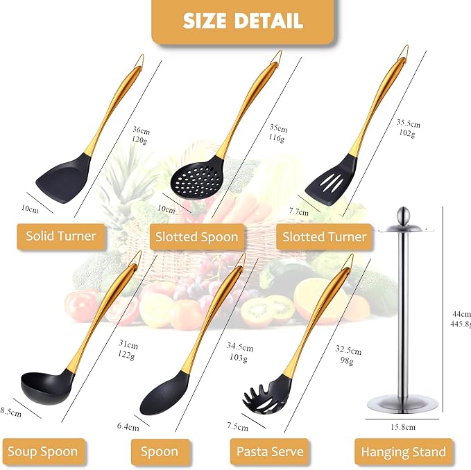Silicone Cooking Utensils Set, 17pcs Kitchen Utensil Set with Rotatable Holder, Heat-Resistant Silicone Utensils for Cooking, Non-Stick Spatula Set with Stainless Steel Handle,Turner,Ladle (Gold) - Image 8