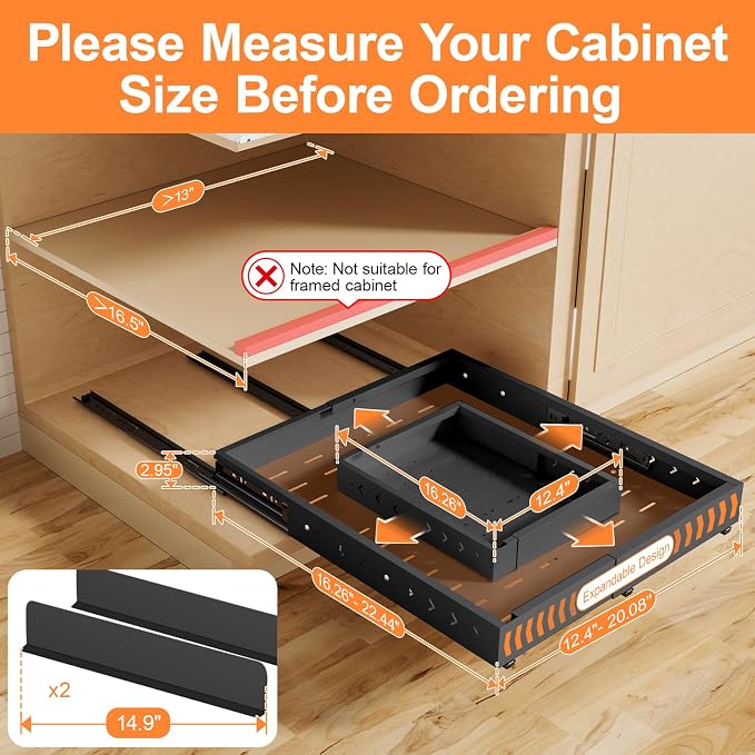 Pull out Cabinet Organizer Expandable W(12"-20") and D(16"-22"), No Drill Adjustable Slide Out Drawers With 3 Slide Rails, 2Pcs Magnetic Panel, Adhesive Roll out Shelves for Kitchen, Cabinets, Pantry - Image 6