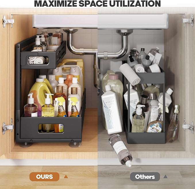 2 Pack 21IN-Depth Under Sink Organizer,Pull Out Cabinet Organizer With Smooth Cylindrical Rail,Metal Slide Out Drawer for Kitchen Bathroom Laundry,8-Level Tool Free Height Adjustable-Black - Image 6