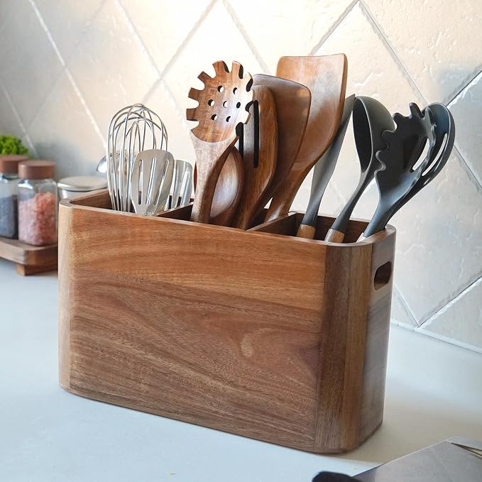 Large Acacia Wood Utensil Holder with 3 Compartments for Kitchen Counter, Extra Large Farmhouse Wooden Utensil Organizer for Cooking Tools and Silverware - Image 3