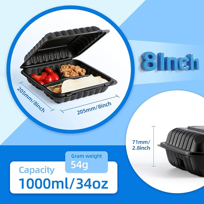 YANGRUI 8x8 34oz 55-Pack Shrink-Wrapped Ready to Use Meal Prep Containers | 3-Compartment Leak-Resistant | Heavy Duty Microwave & Freezer Safe No Pre-Wash Takeout Box | BPA Free Black Commercial Grade - Image 3