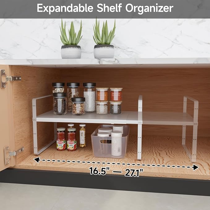 2Pack 16.5-27''L Expandable Cabinet Countertop Shelf Organizer, White | 8"W x 9.6"H, Stackable Metal Shelves, Storage Spice Rack, For Pantry and Cupboard, Kitchen Organizers and Storage - Image 6