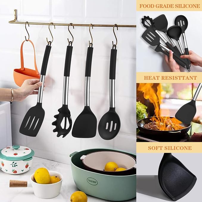 Silicone Cooking Kitchen Utensil Set, Umite Chef 43 PCS Heat Resistant Kitchen Utensils Gadget Set-Stainless Steel Handle- Kitchen Spatula Tools for Nonstick Cookware, Kitchen Accessories(Black) - Image 6