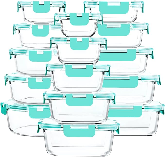 30 Pieces Glass Food Storage Containers with Upgraded Snap Locking Lids,Glass Meal Prep Containers Set - Airtight Lunch Containers, Microwave, Oven, Freezer and Dishwasher Friendly (Green) by MMCIRCO