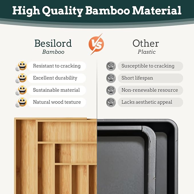 Bamboo Expandable Silverware Drawer Organizer, 11 Slots Utensil Holder | Magnetic Splice Design, Expandable 21-37.4 Inch, 11 Slots, Natural Bamboo, Large Capacity Kitchen Utensil Storage - Image 6