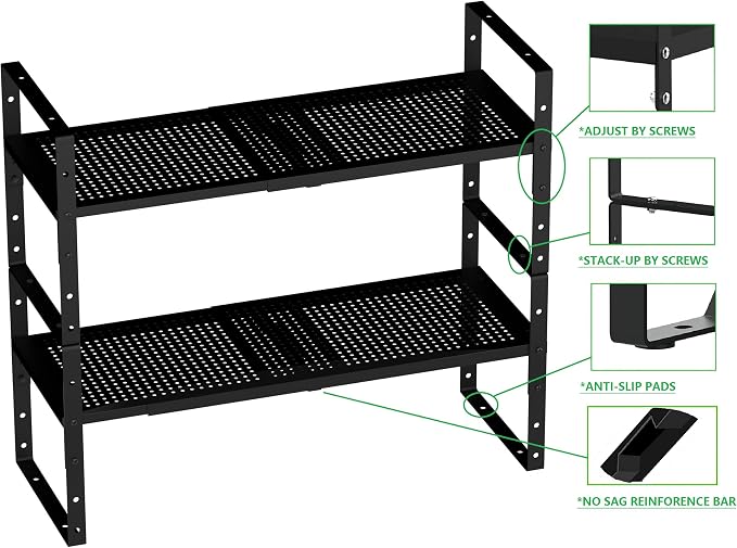 Expandable Shoe Rack Stackable Metal Pantry Storage Shelves Stand Adjustable Height Cabinet Shelf Organizer Racks Spice Shelving(3PACKS/BLACK,LARGE) - Image 6