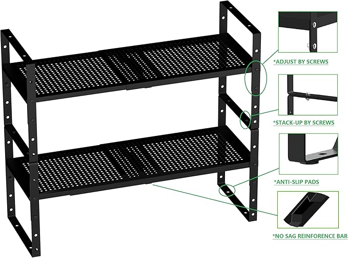 Expandable Shoe Rack Stackable Metal Pantry Storage Shelves Stand Adjustable Height Cabinet Shelf Organizer Racks Spice Shelving(2PACKS/BLACK,LARGE) - Image 6