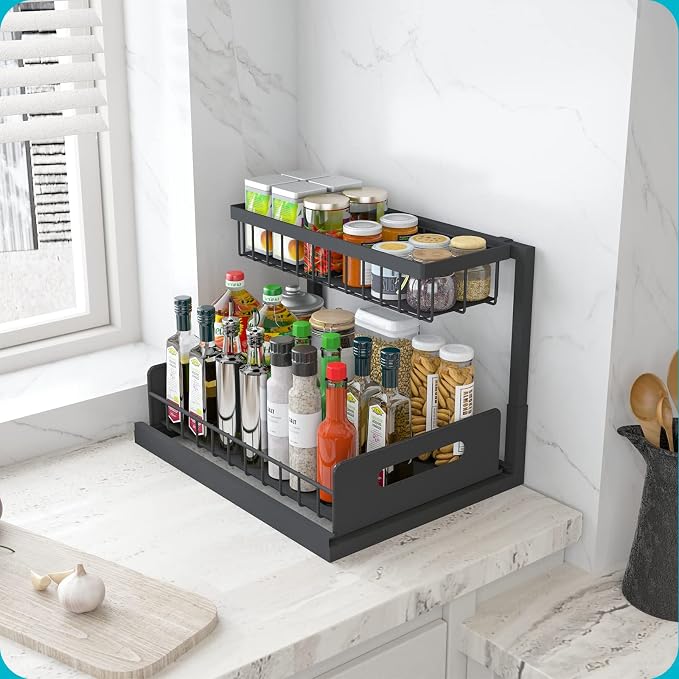 Under Sink Organizer, L-Shaped 2 Tier Pull Out Cabinet Organizer | For Kitchen and Bathroom, Slide Out Under Cabinet Storage, Metal Under Sink Storage with Sliding Drawer, 50 lbs, Black 2 Pack - Image 7