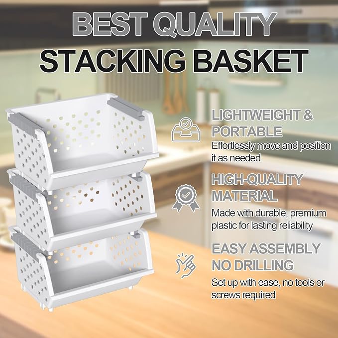 Stackable Storage Bins, Open Front for Pantry Storage, 3 Pack | Plastic Kitchen Organizer Basket, Open Front Access, Stacking Bins for Snacks, Produce and Pantry Items, White - Image 4