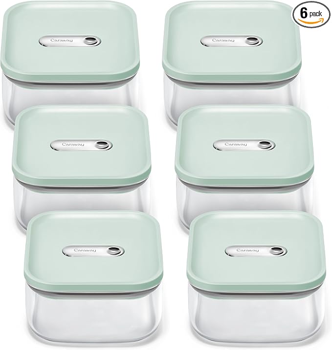Caraway 1 qt Glass Airtight Food Storage Containers with Lids | Non-Toxic, Stackable, Space-Saving Airtight Containers for Pantry, Dry Goods, 6 Pack, Mist by Unknown