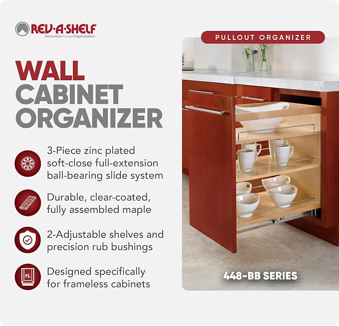 Rev-A-Shelf Maple Pullout Organizer w/ BLUM Soft-Close for Base Cabinets, Full Extension Slides & Adjustable Shelves, Min Opening Width of 14.5", 448-BCSC-14C - Image 6
