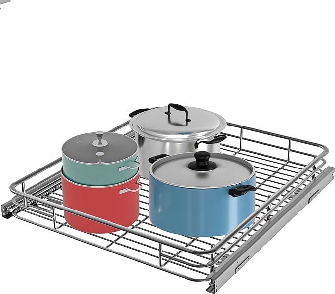 Pull Out Cabinet Organizer 22" W x 21" D, Chrome | Slide Out Kitchen Shelves, Heavy-Gauge Wire Storage Drawer, Ball-Bearing Glides, 100 Lb Capacity, Min 23" Cabinet Opening by JOWBOOW