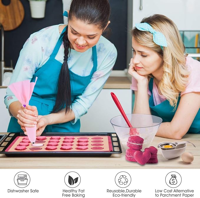 Silicone Macaron Baking Mat Kit - (30 in 1) Macaroon Baking Mat Heart Set,2 Half Sheet Macaron Silicone Mat,1 Egg Separator,1 Pastry Brush,1 Spatula,6 Frosting Tips,12 Piping Bags - Image 4