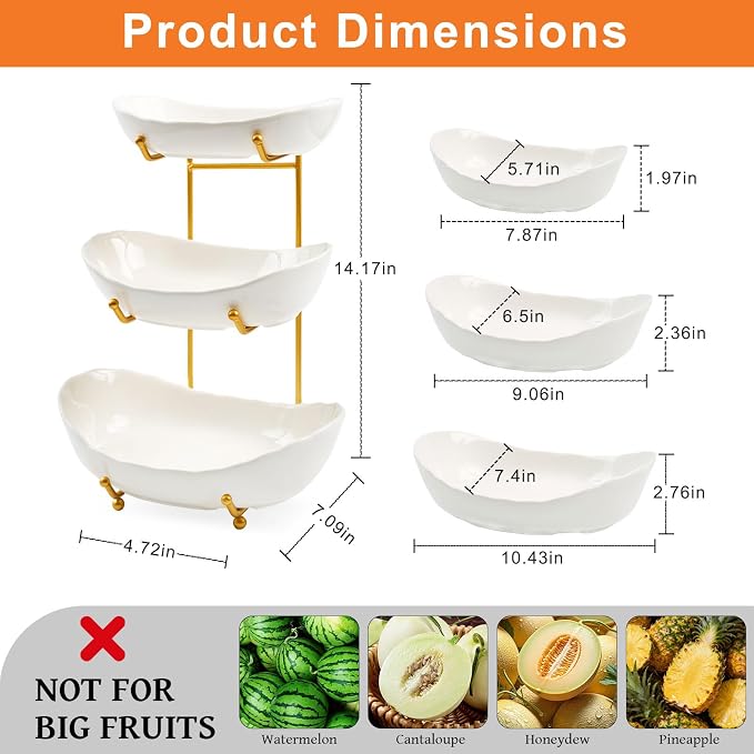 Fruit Bowl for Kitchen Counter with Gold Metal Stand | 3 Tier Fruit Holder,Tiered Fruit Basket for Fruit Vegetable Storage, Snack, Nuts, Cake, Dessert (White) - Image 2