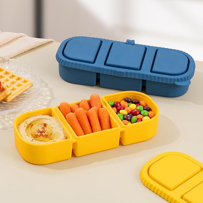 2 Pack Silicone Snack Containers, 3-Compartment Snackle Box with Leak Proof Lids, Reusable Small Divided Food Storage for Kids Lunch, School Travel Adults - Image 4
