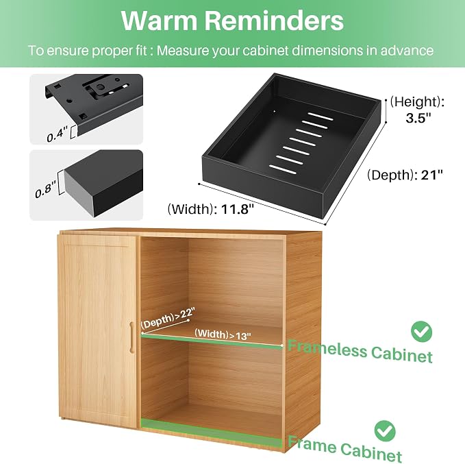 2Pack Pull out Cabinet Organizer, 21"Deep, Heavy Duty Full-extension Slide out Drawers for Kitchen Cabinet, Roll out Shelf Storage with Nano Adhesive for Pots,12"W x 21"D x 3.1"H, Black - Image 2