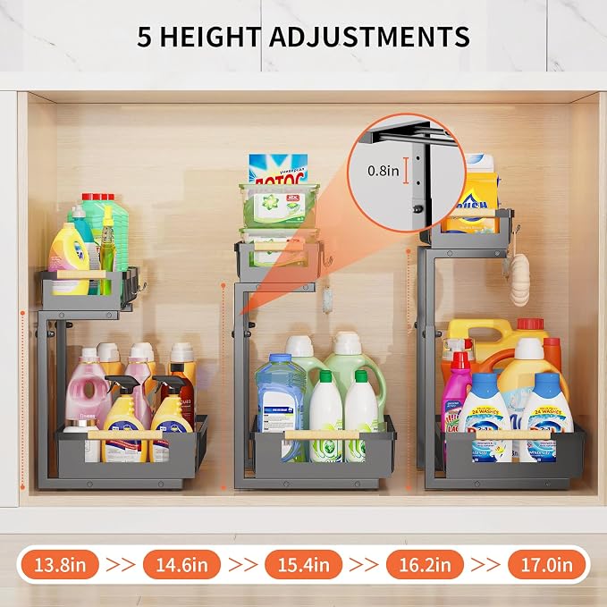 Under Sink Organizer, 2-Tier Slide Out Under Cabinet Storage for Kitchen/Bathroom, Adjustable Double Layer Under Sink Drawers, Space Saving Inder Sink Organizer for Cleaning Supplies(Black,2 Packs) - Image 3