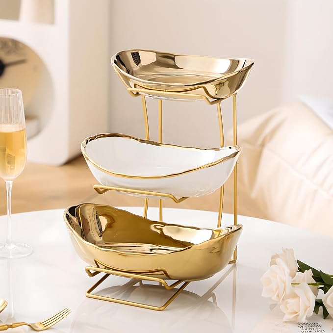 Gold Silver Fruit Bowl with Metal Stand, 3 Tier Ceramic White Fruit Bowl Fruit Rack for Kitchen Counter, Tiered Fruit Basket for Snacks Bread Candy Storage (Gold (Smooth Surface)) - Image 2