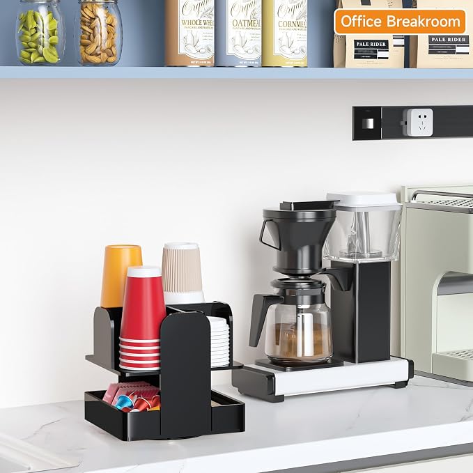 Beego Rotatable 6 Compartment Acrylic Cup Dispenser - Black Plastic Cup Holder for Coffee Station, Restaurant, Breakroom & Coffee Bar - Image 3