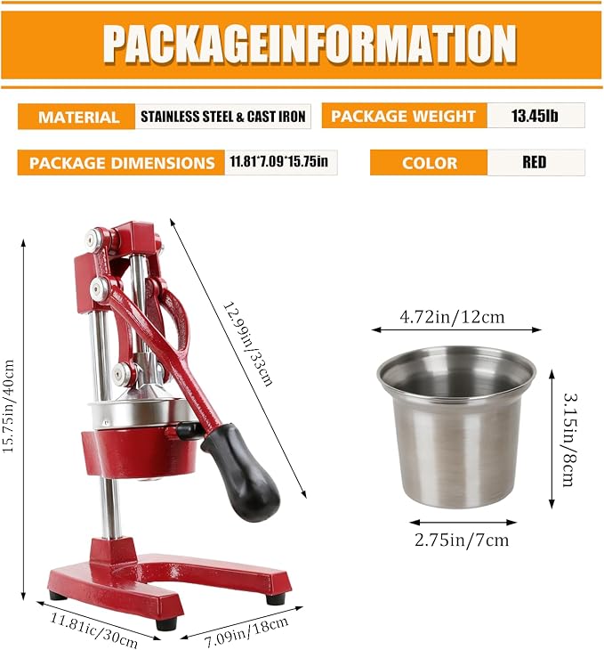 Kitchen Cast Iron Juicer - Easy-to-Clean Heavy-Duty Manual Juicer, Professional Citrus Juicer - Stainless Steel Lemon Squeezer - Manual Citrus Press & Orange Squeezer - Orange Juicer (Red) - Image 2