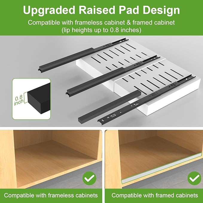 Expandable Pull Out Cabinet Organizer, 3 Full Extension Glides Slide Out Drawers, Roll Out Shelves Adhesive Raising Pad, Compatible Framed Cabinets (21" D x 12.2"-20.5" W(4Pack) White) - Image 3