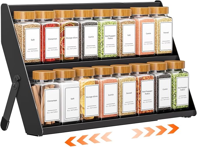 RCHYFEED 2 in 1 Spice Rack Organizer, Expand 12.8 to 21.8 Inch, Foldable | Metal Spicy Shelf，Tiered Spice Rack Suit for Countertop, Cabinet and Drawer, Fits Jars Up to 2.1 Inch, Jars Not Included by RCHYFEED