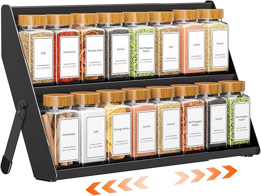 RCHYFEED 2 in 1 Spice Rack Organizer, Expand 12.8 to 21.8 Inch, Foldable | Metal Spicy Shelf，Tiered Spice Rack Suit for Countertop, Cabinet and Drawer, Fits Jars Up to 2.1 Inch, Jars Not Included by RCHYFEED