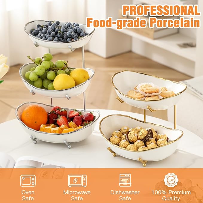 2 Tier Fruit Bowl, Ceramic Fruit Basket for Kitchen Counter | Fruit Holder for Kitchen, with Metal Stand, No Installation Required, Save Space, Easy to Clean, Modern, Gold-rimmed, Small - Image 2