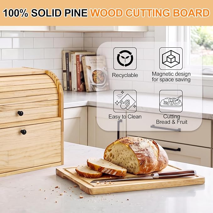 Alpeir Roll Top Bread Box with Cutting Board for Kitchen Countertop | Large Breadbox with Ventilation Holes, Double Layer Pantry Shelf, Wooden Homemade Bread Storage Container, Vintage Farmhouse - Image 6