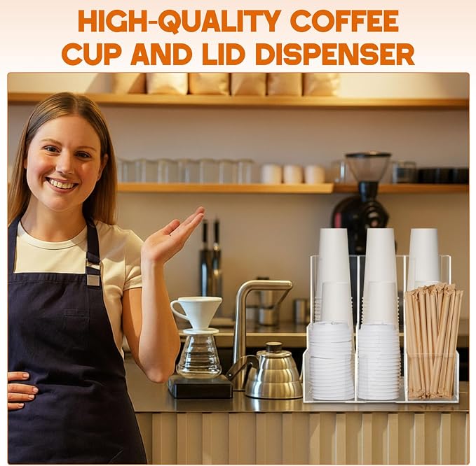 CroBlissful Acrylic Vertical Coffee Cup and Lid Dispenser, Coffee Condiment Organizer, 9 Compartment for Disposable Paper & Plastic Cup, for Cabinet Station Home Countertop Bar 13''l x 13''w x 12''h - Image 5