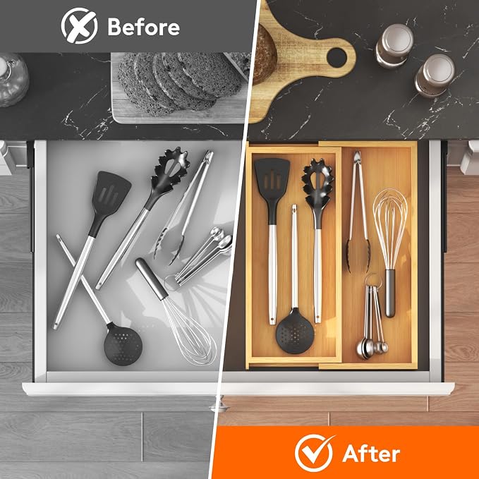 Lifewit Utensil Organizer for Kitchen Drawer, Expandable Cooking Utensil Tray, Cutlery Silverware Flatware Holder, Wood Adjustable Spatula Tools Storage Divider, 7-12 x 15.75", Natural - Image 8