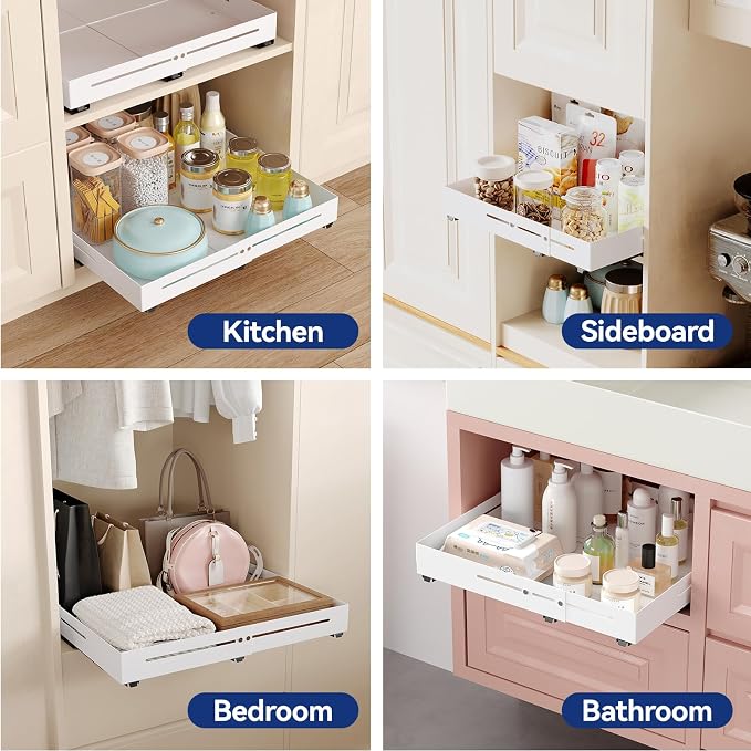 Pull out Cabinet Organizer, Full Metal Expandable Width (12.6"-20.8") & Depth (16"-24.4") Adjustable Slide out Drawers, No Drill Adhesive Roll out Shelves for Kitchen Pantry, White - Image 6