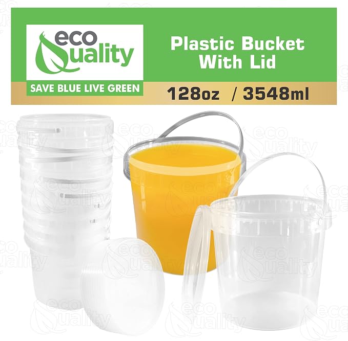 1 Gallon (128 oz) Clear Plastic Bucket with Lid and Handle (10 Pack), Ice Cream Tub with Lids - Food Grade Freezer and Microwave Safe Food Storage Containers, Round Plastic Pail Container, BPA Free - Image 4