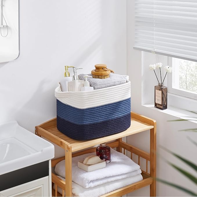 OIAHOMY Storage Basket, Woven Baskets for Storage, Cotton Rope Basket for toys,Towel Baskets for Bathroom - Pack of 3, Gradient Blue - Image 7