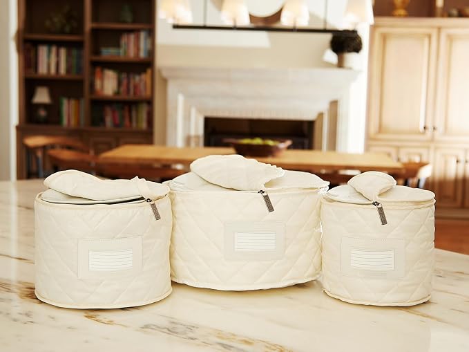 Covermates Keepsakes Dish Storage Set – Padded China & Dinnerware Storage Cases with Dividers, Cup & Stemware Storage, Quilted Polyester Protection, ID Window, Cream - Image 7