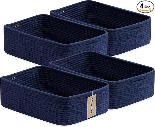 MiniArk Large Shallow Organizing Baskets 15x11x5.1 Inches - Rope Woven Storage Bins for Bathroom, Shelves, Cube Closet, Navy Blue 4 Packs by MiniArkStorageBasketsHome