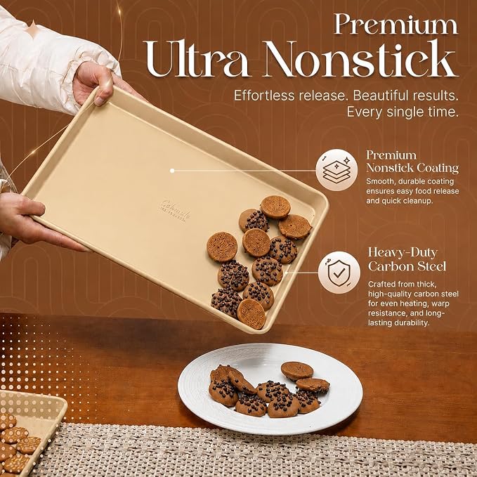 Nonstick Bakeware Set 8 Piece - Stackable Baking Pan Set, Oven safe 450°F, Carbon Steel Baking Set with Muffin, Loaf, Cookie Sheets & Roaster, Easy Storage, BPA-Free (Beige) - Image 3