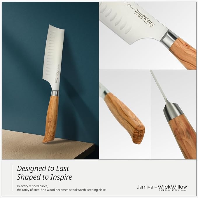 WICKWILLOW 6.5” Nakiri Knife – Swedish Steel, Olive Wood Handle, Daily Prep | For vegetables, herbs and plant-based cooking with clean push cuts. Hand wash only. Gift box included. - Image 5